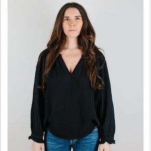 Cotton Gauze Peasant Blouse - Black Size M